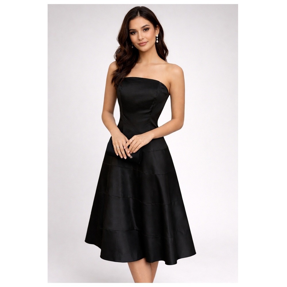 Eden Maids Womens Dress 12 Black Strapless Tiered Satin Formal Bridesmaid Event